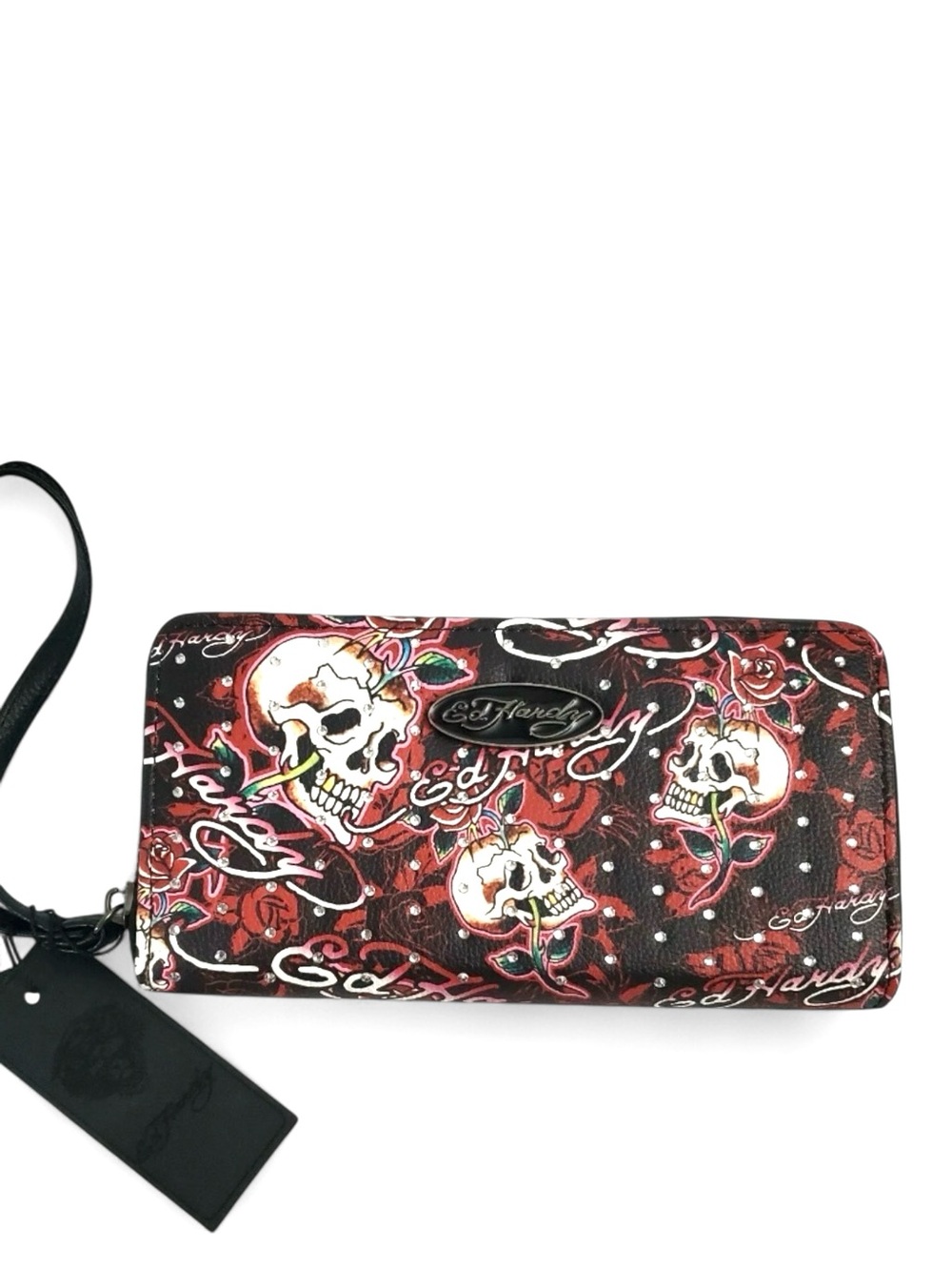Ed Hardy Red & Black Skull Rose Zip-Around Wallet